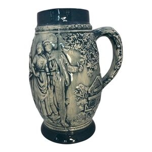 Vintage German Style Cobalt Blue Salt Glazed Stoneware Beer Stein Relief Mug